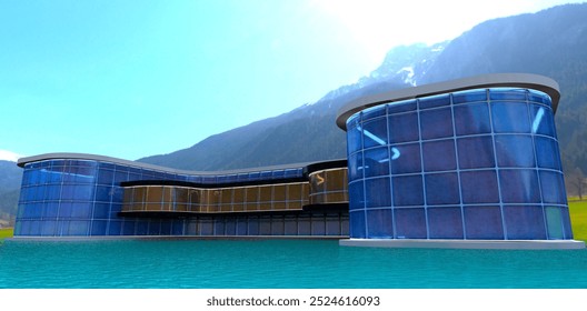 High-tech laboratory located on the shore of an eco-friendly lake, built in a remote mountainous area. 3D rendering. - Powered by Shutterstock