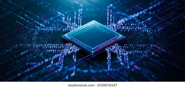High-Tech Processor Chip Circuit Board with Data Flow. Technology concept. 3D Illustration