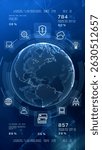 High-tech vertical background featuring a digital Earth, tech icons, data analytics, Global connection, digital data cybersecurity, and fintech visuals. Technology background 3D Rendering