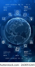 High-tech vertical background featuring a digital Earth, tech icons, data analytics, Global connection, digital data cybersecurity, and fintech visuals. Technology background 3D Rendering