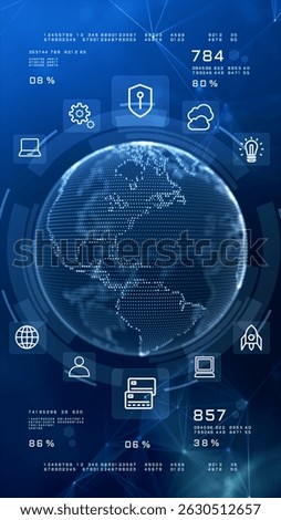 High-tech vertical background featuring a digital Earth, tech icons, data analytics, Global connection, digital data cybersecurity, and fintech visuals. Technology background 3D Rendering