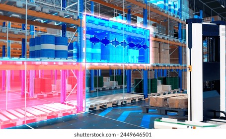 High-tech warehouse. Robotic storage. Automatic recognition empty shelves in warehouse. Storage with machine vision system. Warehouse shelves with goods on pallets. High-tech fulfillment. 3d image