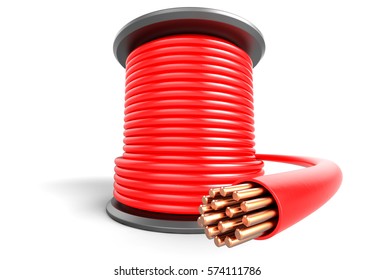 High-voltage copper power cable coil isolated on white background. 3d illustration