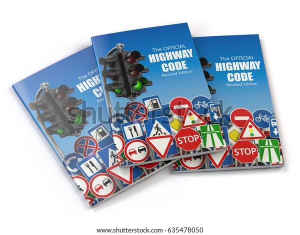 Highway code book.  Book of traffic rules\
and law with traffic road sign and traffic light. Preparation for\
exam or driving test concept. 3d\
illustration.