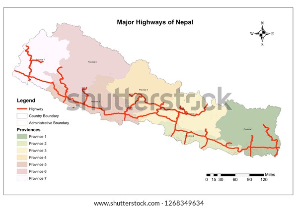 Map Of Nepal With Highways Highway Map Nepal Stock Illustration 1268349634