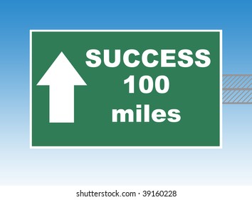 Highway Or Road Sign Pointing Way To Success In 100 Miles, Blue Sky Background.