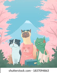 Hiilarious Bad Trip Concept Poster Template Design, Awkward Photo Of Cartoon Cats Tour Group In Japanese Vibe Vacation Attraction, Sweet Pastel Color