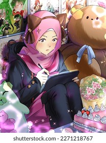 Hijabi girl drawing her birthday