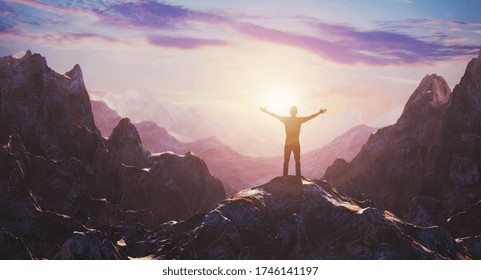 Hiker With Arms Up Outstretched On Mountain Top Looking At Inspirational Landscape. Inspiration And Travel Concept. 3d Rendering