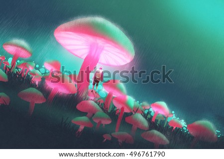 hiker man in the big mushrooms forest at rainy night,illustration painting