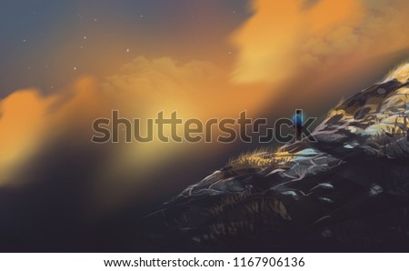 hiker, a man standing on the high mountains in sunset, digital illustration art painting design style.