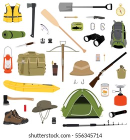 Hiking Icons Set. Camping Equipment Raster Collection. Binoculars, Boat, Lantern, Shoes, Hat, Tent, Campfire. Base Camp Gear And Accessories. Camping Icon Set. Hike Outdoor Elements. 