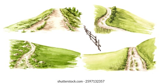 Hiking roads, design elements set. Hand drawn watercolor illustration, isolated on the white background