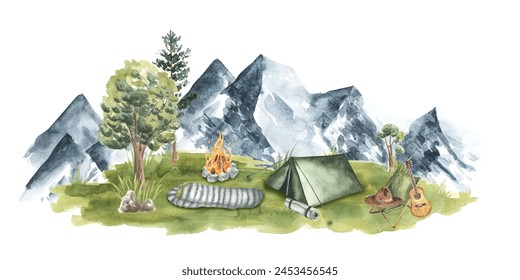 Hiking Tent in the forest mountains park. Camping concept, bonfire, sleeping bag, guitar. Hand drawn watercolor illustration isolated on white background. For travel blog, flyers, web - Powered by Shutterstock