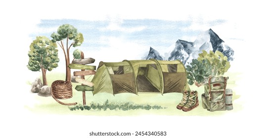 Hiking Tent in the forest mountains park. Camping concept hiking boots, rope, Hand drawn watercolor illustration isolated on white background. For travel blog, flyers, web - Powered by Shutterstock