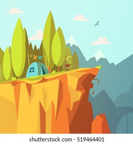 Hiking And Tourism In The Mountains Background With Tent On A Cliff Cartoon  Illustration 