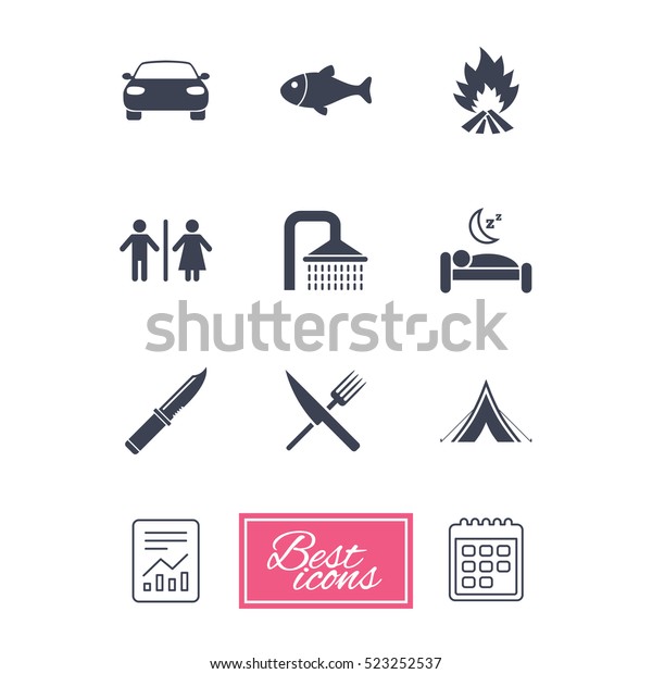 Hiking travel icons. Camping, shower and wc toilet\
signs. Tourist tent, fork and knife symbols. Report document,\
calendar icons. 