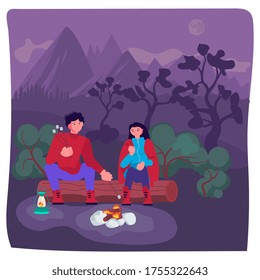 Hiking trekking people. Happy man and woman backpackers hikers travel together, sit around campfire in the evening and marshmallow toast at bonfire. Adventure and camping. Flat Art Rastered Copy - Powered by Shutterstock