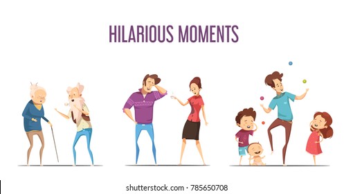 Hilarious Funny Life Moments 3 Retro Cartoon Icons Set With Couples And Young Family Isolated  Illustration 