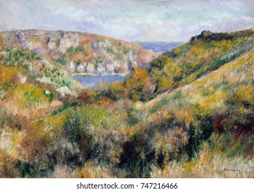 Hills around Bay of Moulin Huet, Guernsey, by Auguste Renoir, 1883, French impressionist painting. Renoir painted views of the bay and the beach of Moulin Huet, on the islands south coast during his v