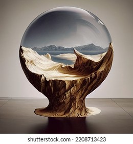 Hills, Mountains, Lake, Sea Trapped Into A Glass Ball, Beautiful Glass Ball. Miniature World, Canned World. Photo Realistic, Cinematic Light, Epic Set-up 3D