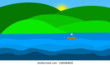 Hills Sea Landscape Illustration Boat Wallpaper Stock Illustration ...