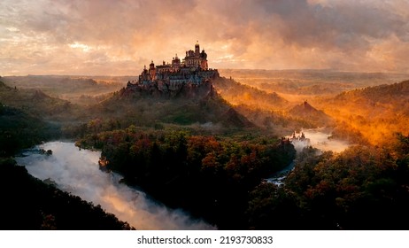 Hilltop Castle Dominates Wooded Landscape At Sunrise