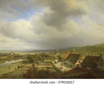 Hilly Landscape near Wageningen, by Abraham Johannes Couwenberg, 1833-44, Dutch oil painting. Painting is made from a high vantage point, which is unusual in Dutch landscape. Farmhouses set between a