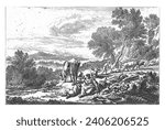 Hilly Landscape with Shepherds and Farmers, Jan de Visscher, after Nicolaes Pietersz. Berchem, 1725 - 1751 A shepherd and a shepherdess are resting among their cattle in a hilly landscape.