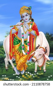 Hindu God Lord Krishna with flute and cow
