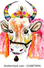 Hindu harvest festival, Pongal greeting with decorated cow hand drawn illustration.