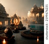 Hinduism inspired concept art. Hindu religious painting style. Gods, divinities, Photo realistic shapes with cinematic light and epic set-up. Religious celebration, spirituality, temple