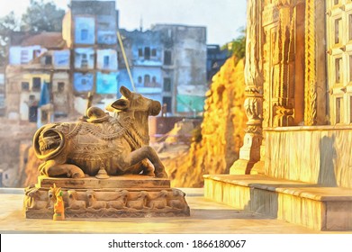 Hinduist temple colorful painting, Varanasi, Uttar Pradesh, India.