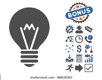 Hint Bulb icon with bonus pictures. Glyph illustration style is flat iconic bicolor symbols, cobalt and gray colors, white background.