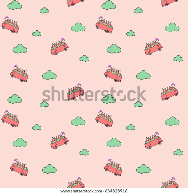 Hippie car with clouds pattern. Dreamy hand
drawn
illustration.