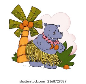 A Hippo Wearing A Grass Skirt And Hula Dancing.