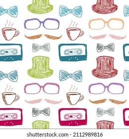 Hipster Colorful Pattern With Mustache, Cassette Tape And Glasses. Seamless Hipster Texture Illustration.