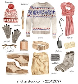 Hipster Fashion Illustration Clothing Set. Men Christmas Outfit.