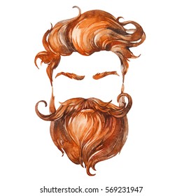Hipster fashion man hair and beards. Silhouette hipster style. Watercolor illustration isolated on a white background.