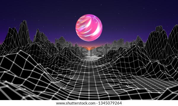 Hipster game from 80\'s cyber futuristic\
illustration. Digital oldschool game landscape wave image with moon\
and space mountains. Laser grid on terrain surface moving in a\
cyber world. 3d\
render