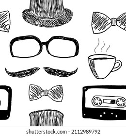 Hipster Pattern With Mustache And Glasses. Seamless Hipster Fashion Print. Black And White.