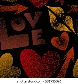 Hipster symbols of arrow, hearts, kissing lips, love text on a black. Good for cards, posters, wrapping paper. Hand drawn seamless pattern with XOXO in red, orange and yellow colors.
