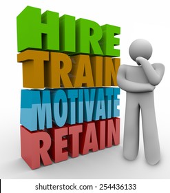 Hire, Train, Motivate and Retain 3d words beside a thinker to illustrate human resources practices to improve employee satisfaction and retention