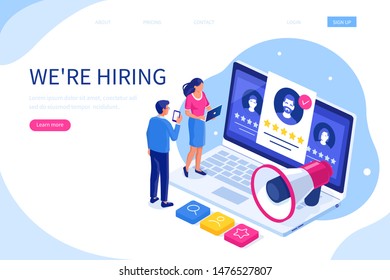Hiring and recruitment concept with characters. Can use for web banner, infographics, hero images. Flat isometric illustration isolated on white background.