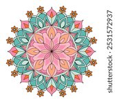 his design is a colorful, symmetrical mandala featuring a floral pattern in shades of pink, orange, and teal. The intricate layers radiate from a central flower, with petal-like shapes expanding outwa