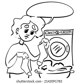 Hispanic Girl Looking Questioning Washing Machine Red Socks Housework Menial Household Daily Everyday Chores Domestic Work Comic Cartoon Black Outline Laundry Short Haircut Dirty Clothes Washer Dryer