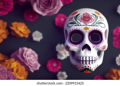 Hispanic Heritage Sugar Skull Marigold  Festive Dia De Los Muertos Background 3d Render 3d Illustration Digital Illustration