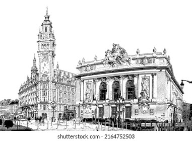 Historic Buildings, Bell Tower And Opera House In Lille, France, Ink Sketch Illustration