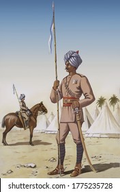 Historic Indian Army Uniform And Soldier. Bengal Lancers, Late 18th Century. British Empire Forces.