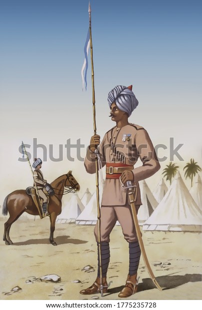 歴史的なインド軍の軍服と兵士 ベンガルの槍兵 18世紀後半 イギリス帝国軍 のイラスト素材